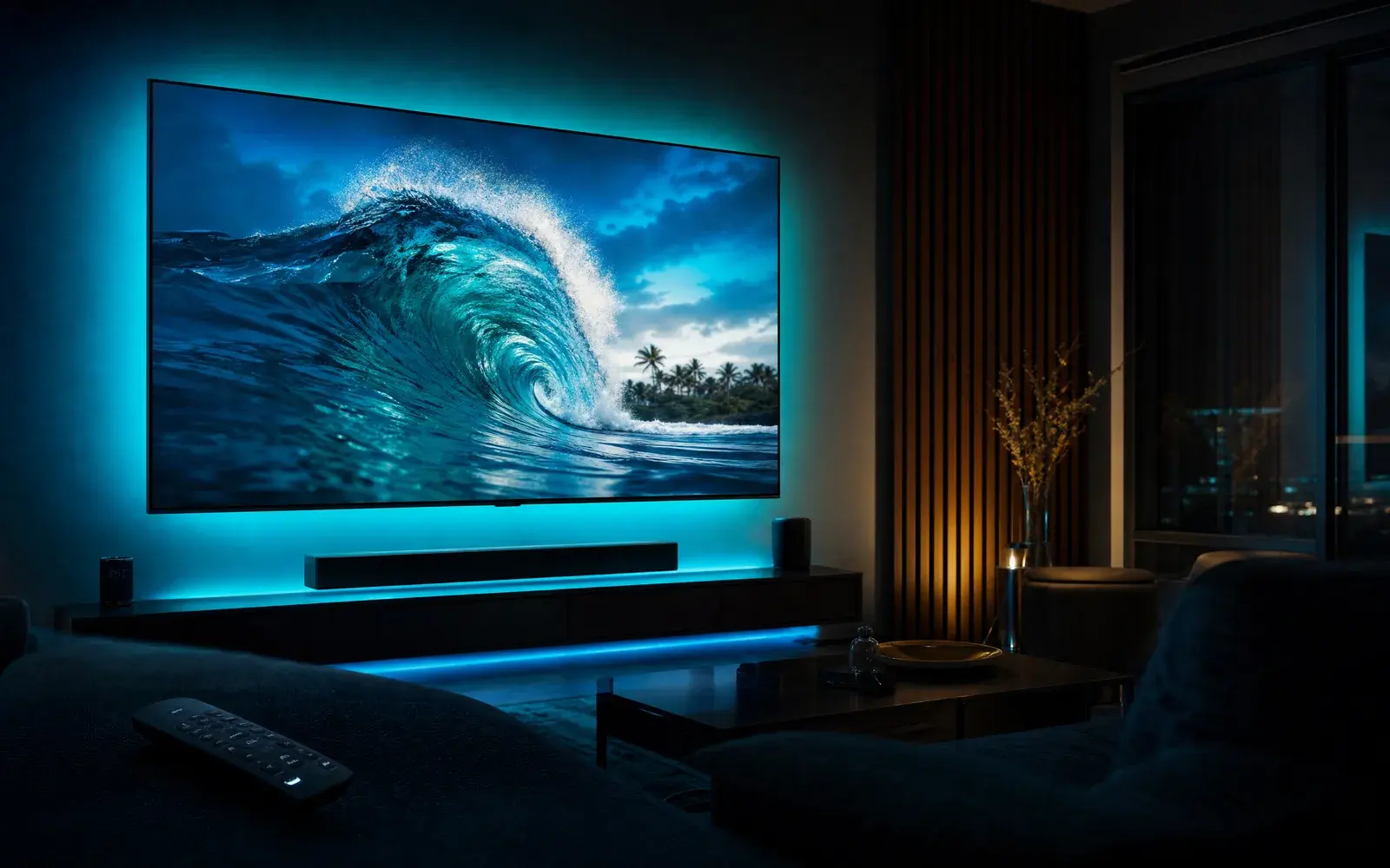 Großer Fernseher zeigt im dunklen Wohnzimmer ein scharfes IPTV-Bild mit türkisem Ambientelicht